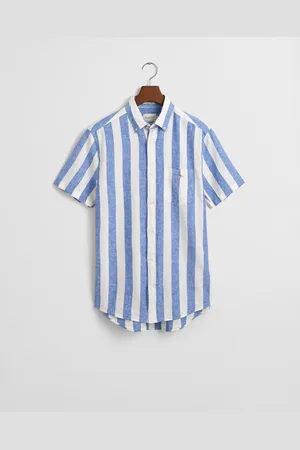 GANT Men Chemise regular fit en coton et lin à rayures et manches courtes (S)