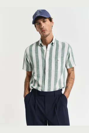 GANT Men Chemise regular fit en coton et lin à rayures et manches courtes (S)
