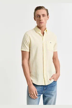 GANT Men Chemise regular fit en coton et lin à rayures et manches courtes (S)