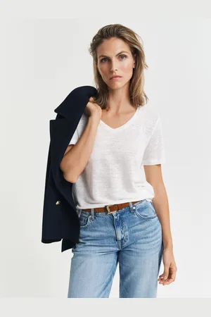 GANT Women T-shirt col V en lin (XS)