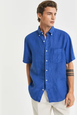 GANT Men Chemise regular fit en lin teint en pièce à manches courtes (S)
