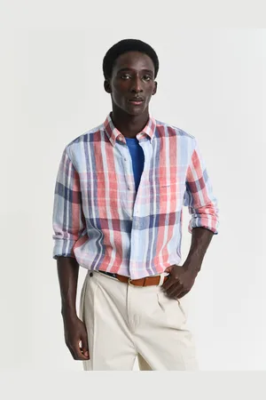 GANT Men Chemise coupe regular en lin à carreaux madras (S)