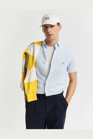 GANT Men Chemise regular fit en coton et lin à rayures et manches courtes (S)