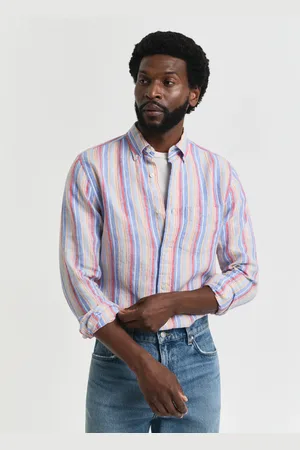 GANT Men Chemise coupe regular en lin à rayures multicolores (S)