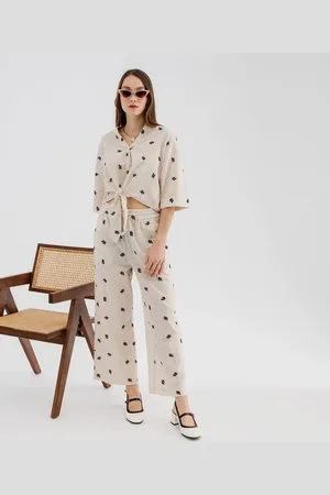 Gémo Pantalon large en coton brodée à taille élastiquée