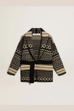 Golden Goose Cardigan Écru Femme En Laine Avec Motif Jacquard Et Ceinture,