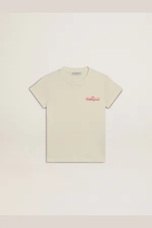 Golden Goose T-shirt Fille En Coton Vieilli Avec Broderie Rouge Sur La Poitrine,