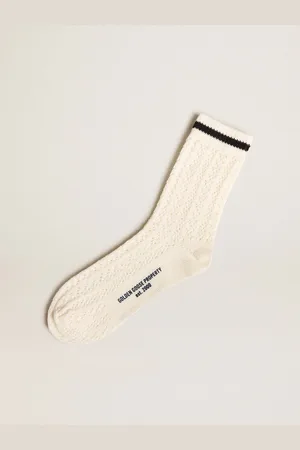 Golden Goose Chaussettes Montantes Côtelées Blanc Vintage Avec Rayure Noire, Femme