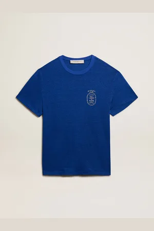 Golden Goose T-shirt Homme En Lin Couleur Bleue Avec Imprimé Sur La Poitrine, Homme