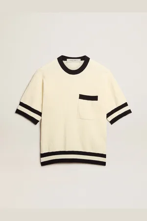 Golden Goose Pull À Manches Courtes Homme Blanc Antique Avec Bords-côtes Bleus, Homme