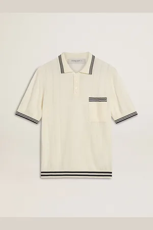 Golden Goose Polo Blanc Vieilli Pour Homme En Maille Avec Bords-côtes Bleus, Homme