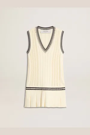 Golden Goose Robe Gilet En Coton Blanc Vieilli, Bords-côtes Foncé Et Cristaux, Femme