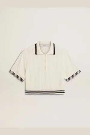 Golden Goose Polo Cropped Pour Femme En Coton Blanc Vieilli Avec Bords-côtes Bleus, Femme