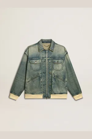 Golden Goose Veste Pour Homme En Denim Délavé Avec Bords-côtes En Laine Mélangée, Homme