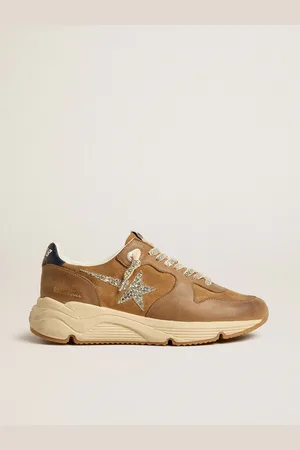 Golden Goose Running Sole Pour Femme En Cuir Nappa Et Cuir Velours Tabac Avec Étoile À Paillettes Argentées, Femme