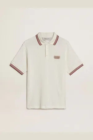 Golden Goose Polo Pour Homme En Maille Ajourée Blanche Avec Détails À Rayures Bordeaux, Homme
