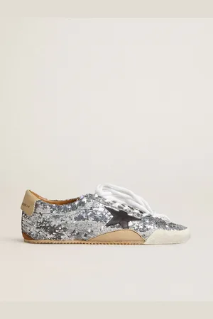 Golden Goose True-star Pour Femme À Sequins Argentés Avec Étoile Noire Et Contrefort En Cuir Beige, Femme