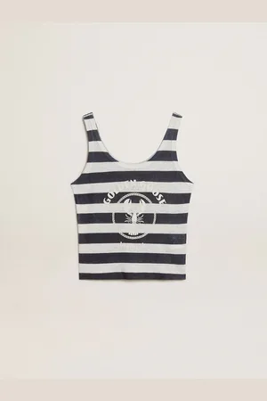 Golden Goose Haut Pour Femme En Jersey De Lin À Rayures Blanches Et Bleues Avec Imprimé Homard, Femme