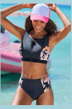 Lascana Haut de maillot de bain court coloris uni tendance avec empiècements imprimés sur les côtés -