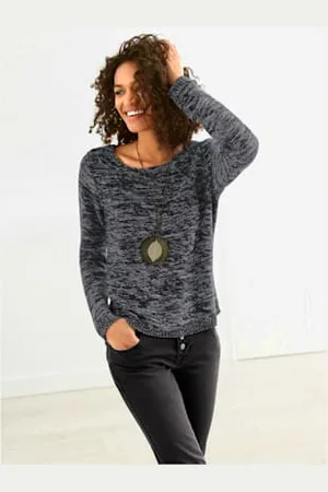 COLLECTION L. Pull chiné encolure ronde finitions côtelées avec le dos plus long -