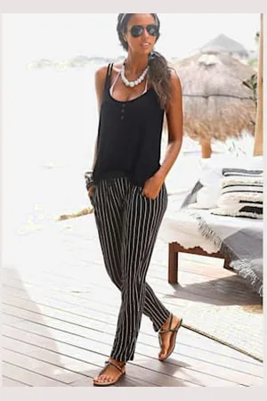 Buffalo Pantalon de plage pantalon en tissu avec rayures en noir et blanc -