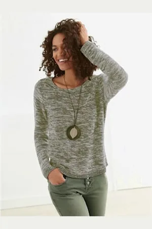 COLLECTION L. Pull chiné encolure ronde finitions côtelées avec le dos plus long -