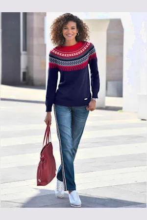 COLLECTION L. Pull en pur coton motif norvégien en jacquard col rond -