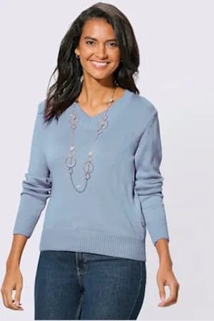 COLLECTION L. Pull femme coupe classique col en v finitions côtelées -