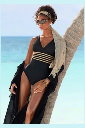 Lascana Maillot de bain couleur unie avec empiècements couleur or -