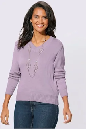 COLLECTION L. Pull femme coupe classique col en v finitions côtelées -