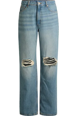 HUGO BOSS Jean coupe droite en denim vert avec déchirures aux genoux