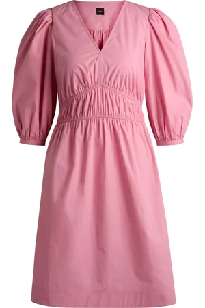 HUGO BOSS Robe à col V en popeline de coton avec taille froncée