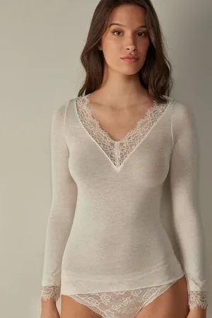 intimissimi T-shirt manches longues en cachemire et dentelle Femme