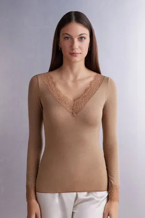 intimissimi T-shirt manches longues en cachemire et dentelle Femme