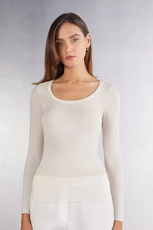 intimissimi T-shirt manches longues en modal ultralight avec cachemire encolure arrondie large Femme