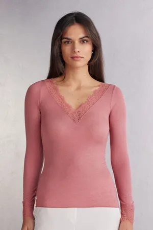 intimissimi T-shirt manches longues en cachemire et dentelle Femme