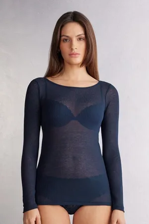 intimissimi T-shirt manches longues cachemire léger côtelé Femme