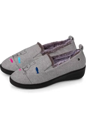 Isotoner Chaussons slippers talon Femme Gris fantaisie chat
