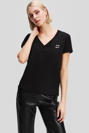 Karl Lagerfeld Rhinestone Ikon Choupette V-neck T-shirt