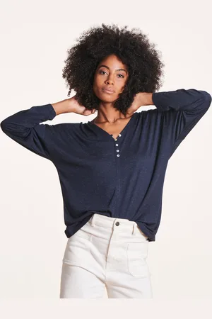 La Fee Maraboutee T-shirt bleu foncé manches longues encolure V
