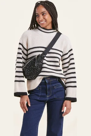 La Fee Maraboutee Pull ample marinière noir et blanc col montant