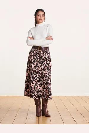 La Fee Maraboutee Jupe mi-longue boutonnée noire en voile imprimé