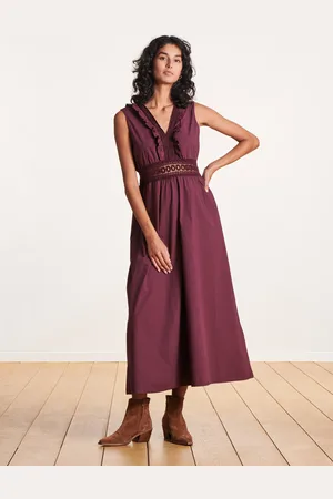 La Fee Maraboutee Robe longue aubergine sans manches en coton avec dentelle