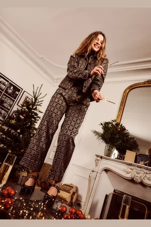 La Fee Maraboutee Pantalon droit 7/8ème en jacquard noir et doré
