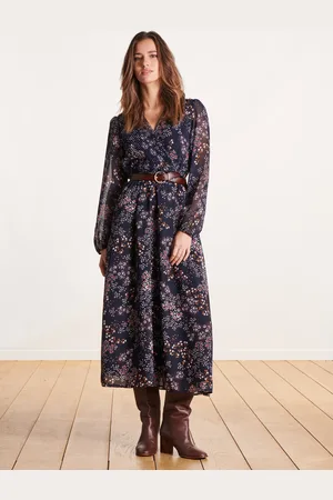 La Fee Maraboutee Robe longue cache-caur bleu foncé à fleurs