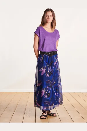 La Fee Maraboutee Jupe longue bleue en voile viscose/soie imprimé