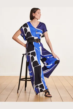 La Fee Maraboutee Combinaison pantalon bleue en viscose/soie imprimée