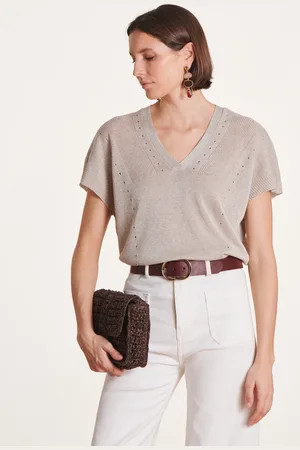 La Fee Maraboutee Pull beige irisé manches courtes et col V