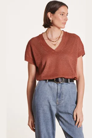 La Fee Maraboutee Pull marron irisé manches courtes et col V
