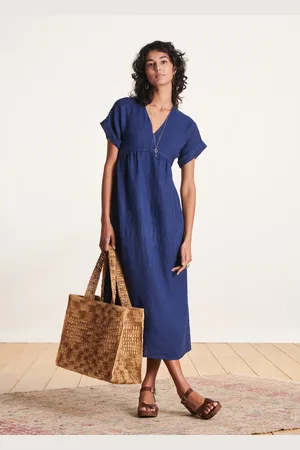 La Fee Maraboutee Robe longue évasée en lin bleu marine manches courtes